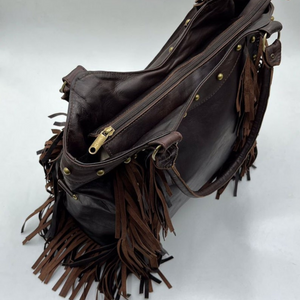 Black Leather Fringe purse, Fringed tote bag,