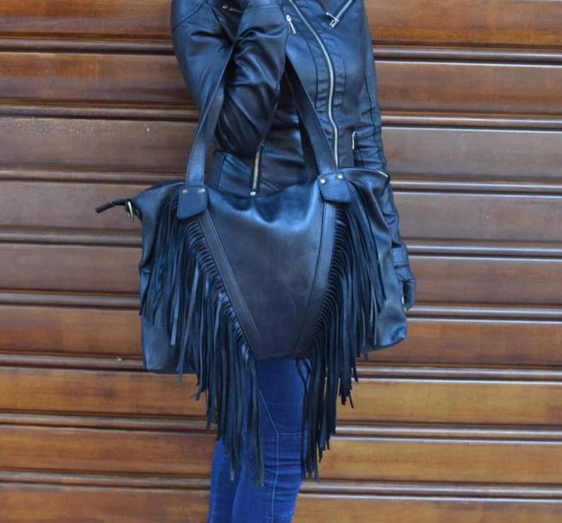 Black Fringe purse ,Leather Hobo Purse, Leather Tote Bag