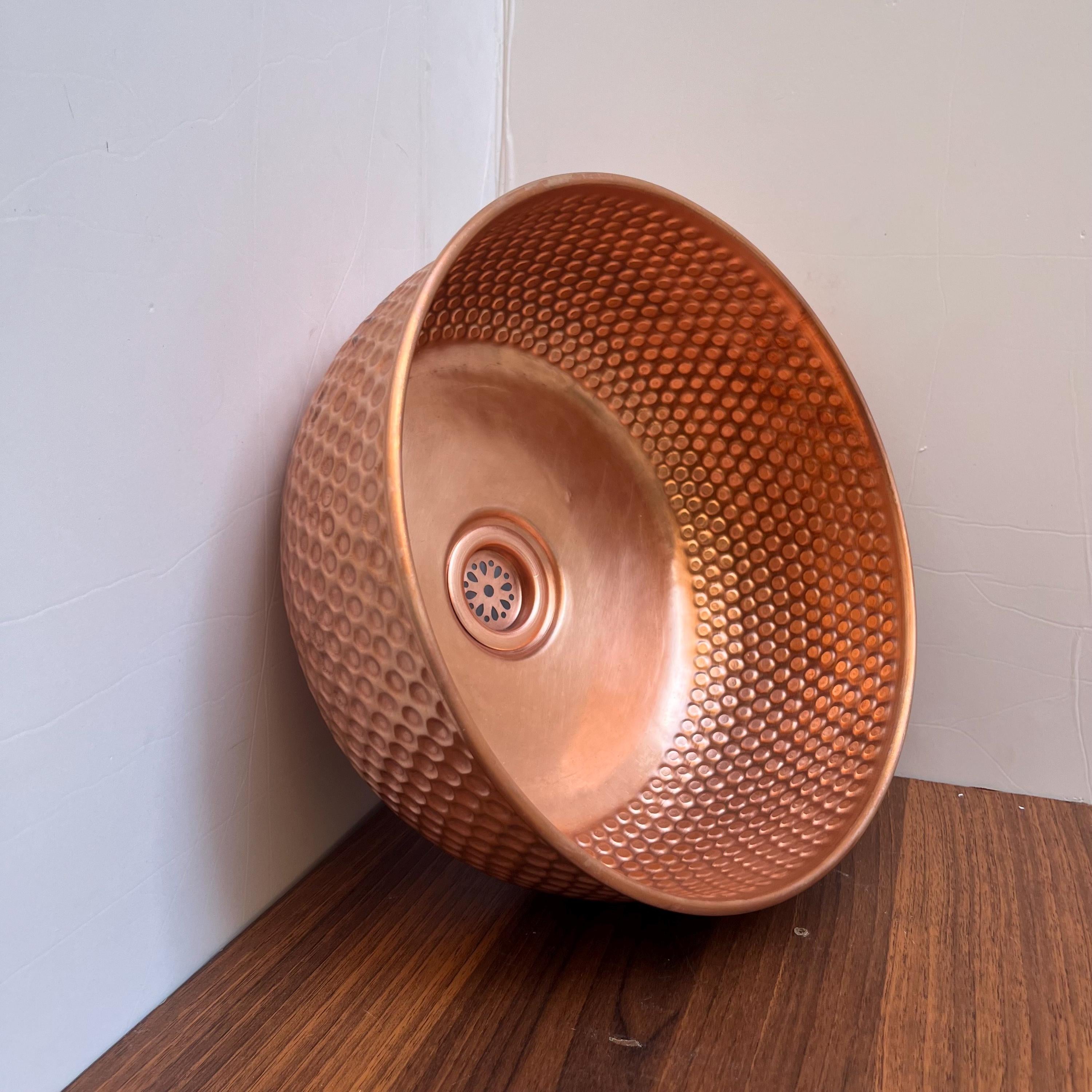 14"x6" inch Round Red Copper Basin, Brushed Brass bathroom sink, Vessel Copper Sink, Copper Drain Included