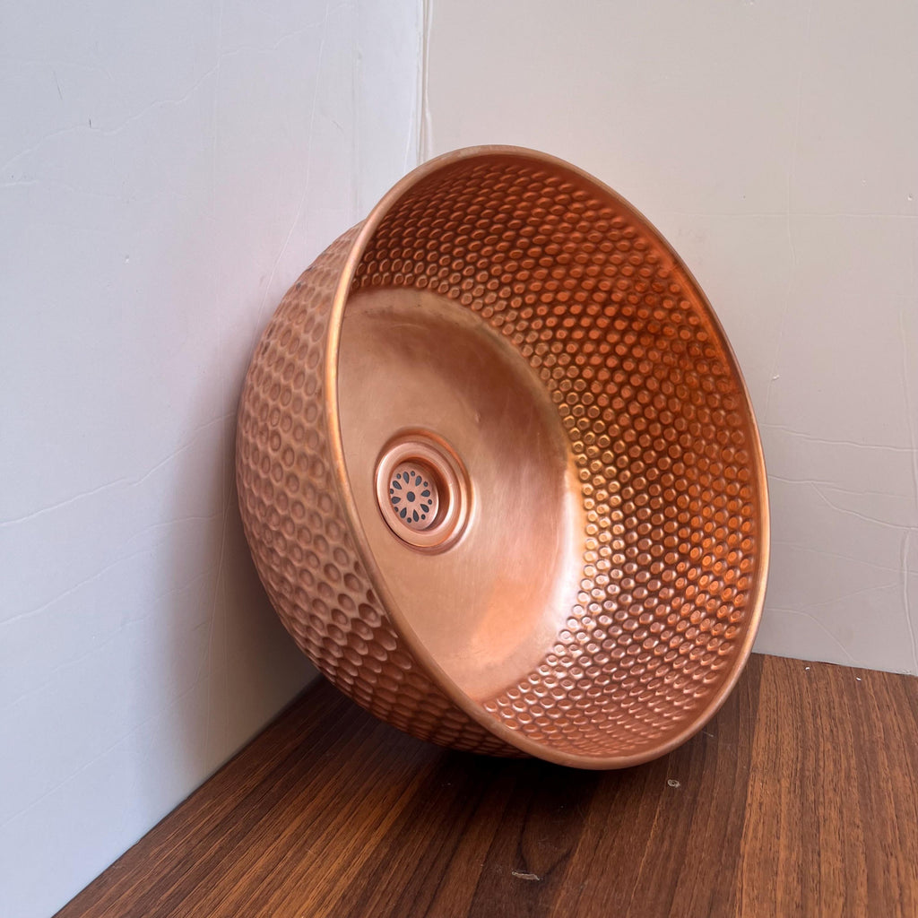 14"x6" inch Round Red Copper Basin, Brushed Brass bathroom sink, Vessel Copper Sink, Copper Drain Included