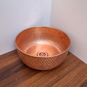 14"x6" inch Round Red Copper Basin, Brushed Brass bathroom sink, Vessel Copper Sink, Copper Drain Included