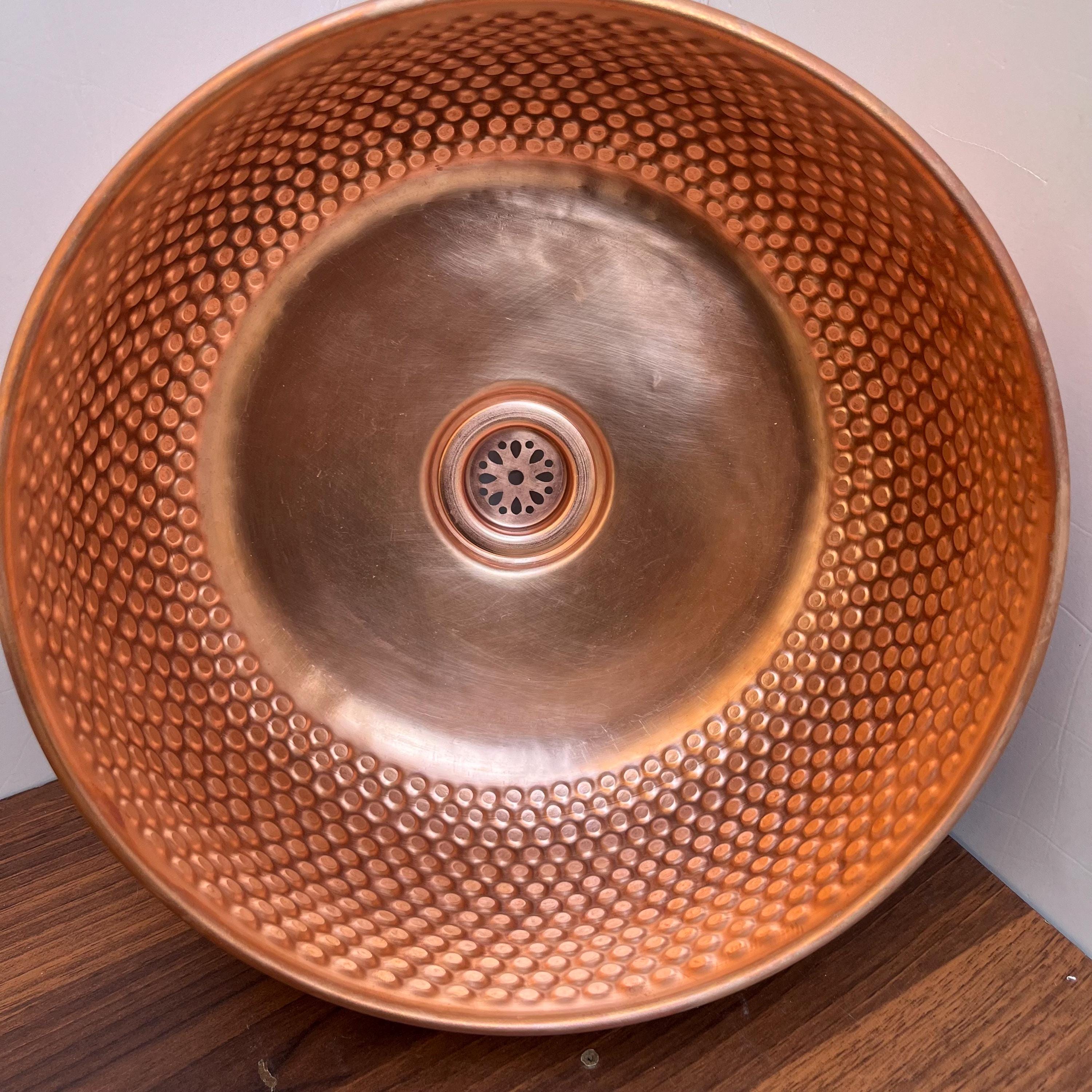 14"x6" inch Round Red Copper Basin, Brushed Brass bathroom sink, Vessel Copper Sink, Copper Drain Included