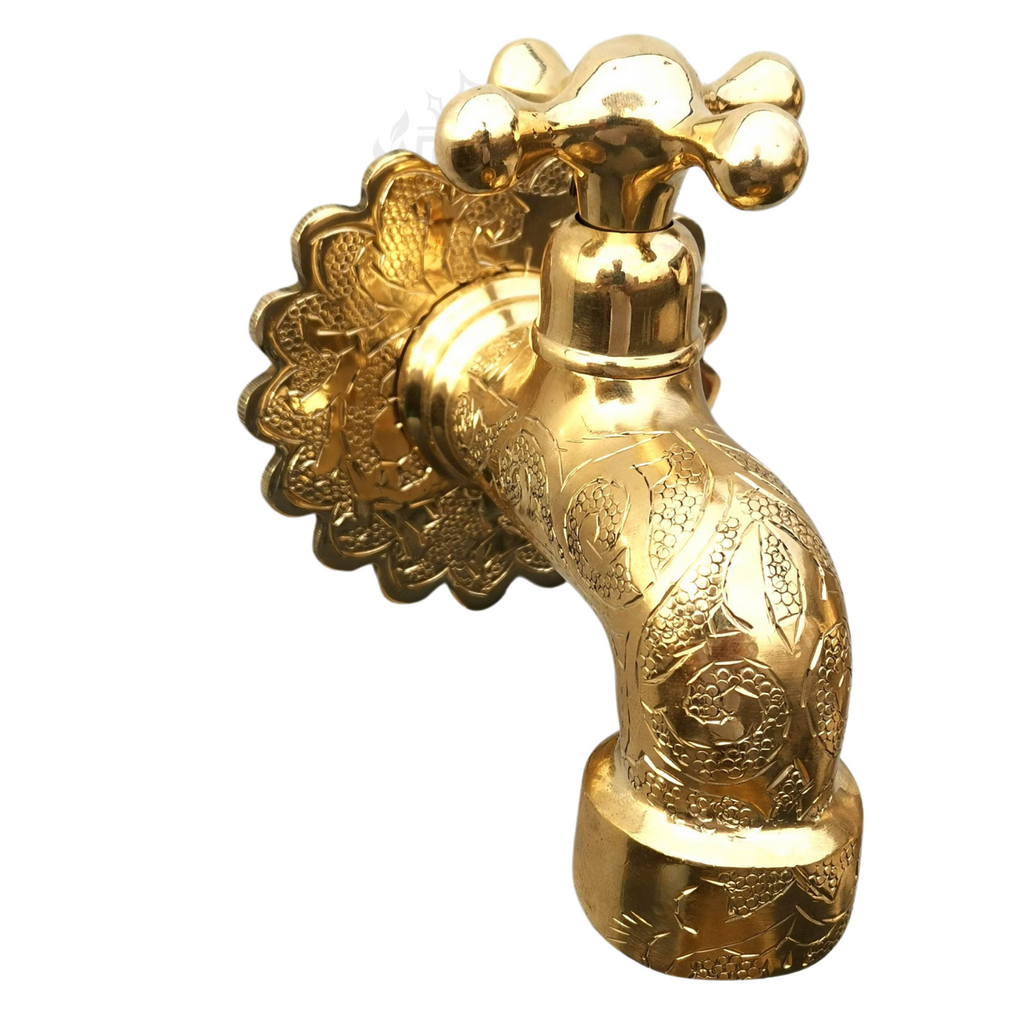 Antique brass garden faucet, Brass bathroom sink tap, Handmade Moroccan faucet, Simple cross handles faucet, Unlacquered brass faucet, Solid brass bathroom faucet, Close-up of vintage faucet, Moroccan style faucet, Patina brass faucet

