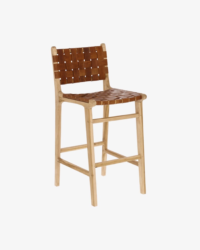 Handcrafted Wood and Genuine Leather Woven Bar Chair | Moroccan Artisanal Design