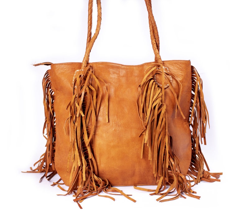 Brown Stylish Leather Tote Bag for Women with Fringe