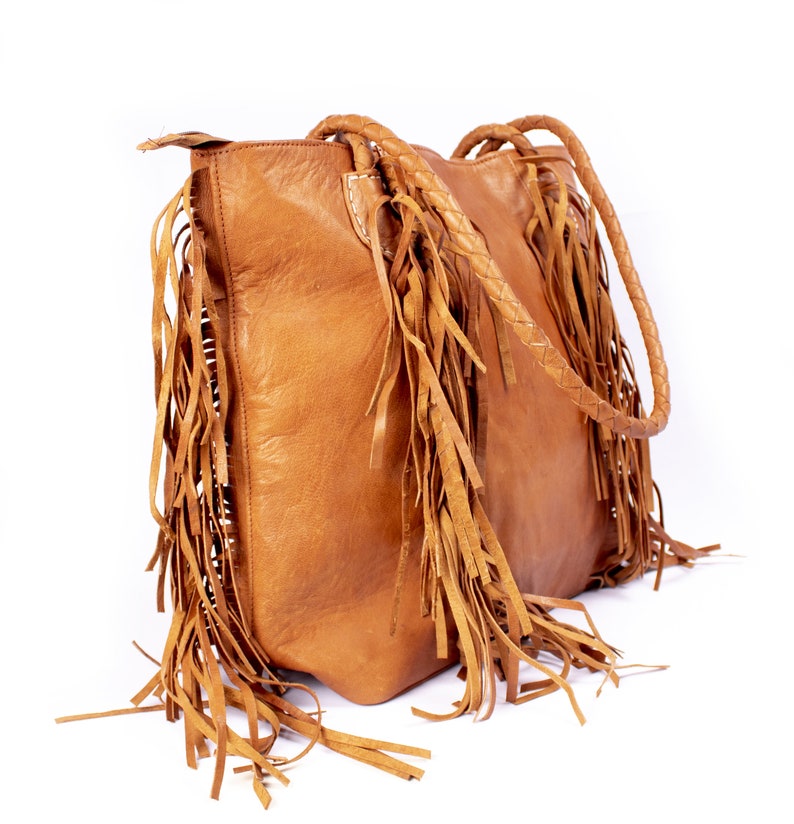 Brown Stylish Leather Tote Bag for Women with Fringe