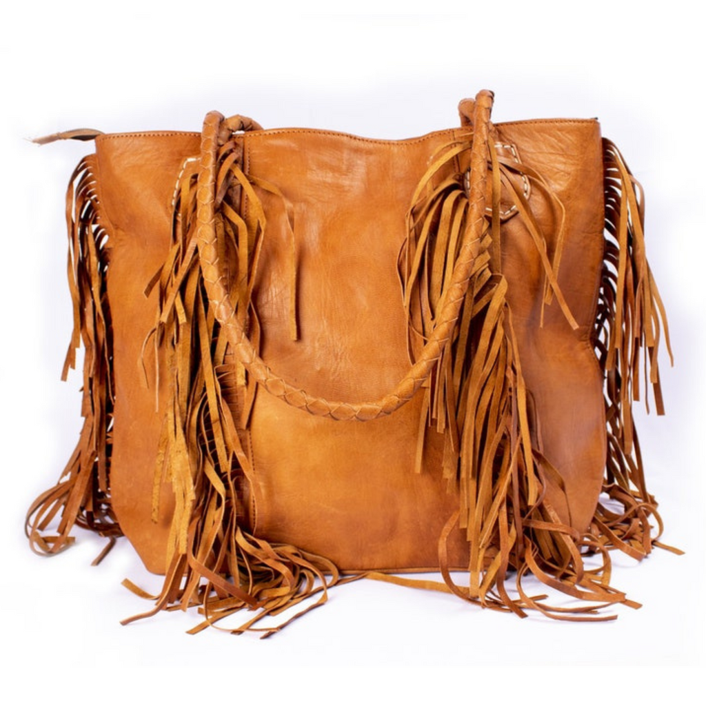 Brown Stylish Leather Tote Bag for Women with Fringe