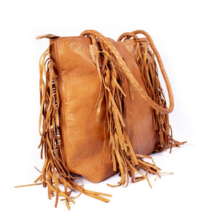 Brown Stylish Leather Tote Bag for Women with Fringe