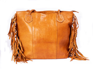 Brown Stylish Leather Tote Bag for Women with Fringe