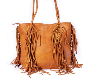 Brown Stylish Leather Tote Bag for Women with Fringe
