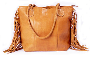 Brown Stylish Leather Tote Bag for Women with Fringe