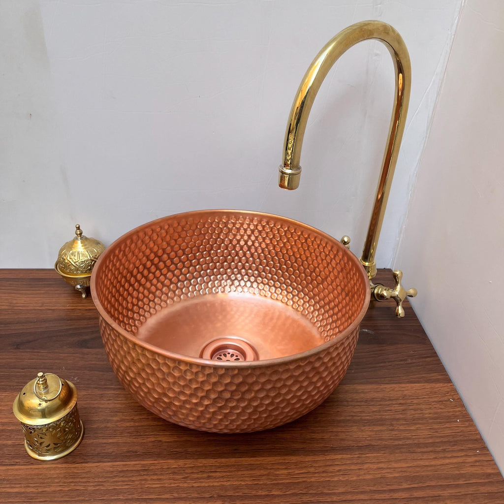 Copper Sink for Bathroom | Brushed Copper Basin | Countertop Vessel Sink | Farmhouse Style | Modern Bar Sink Copper Drain Included