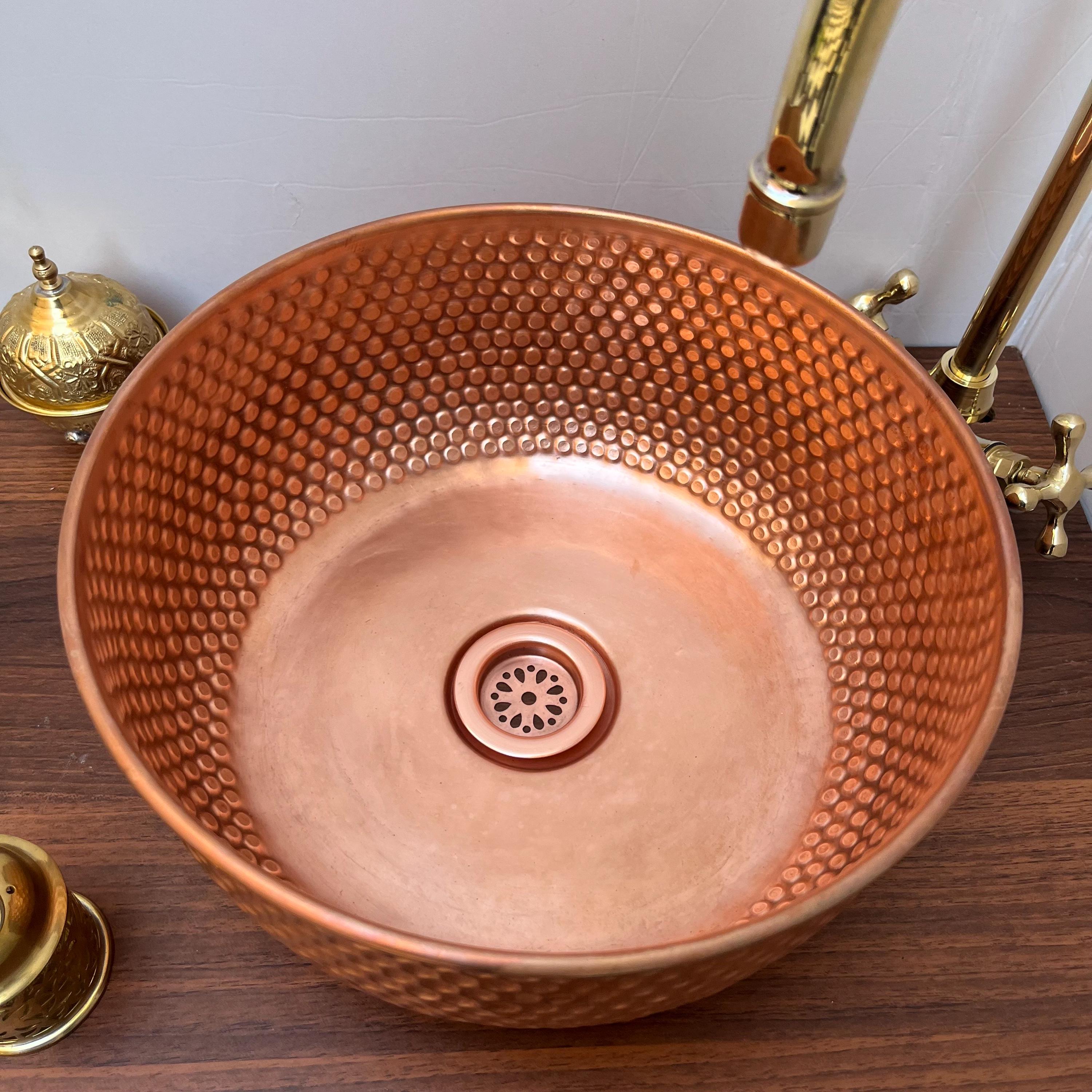 Copper Sink for Bathroom | Brushed Copper Basin | Countertop Vessel Sink | Farmhouse Style | Modern Bar Sink Copper Drain Included