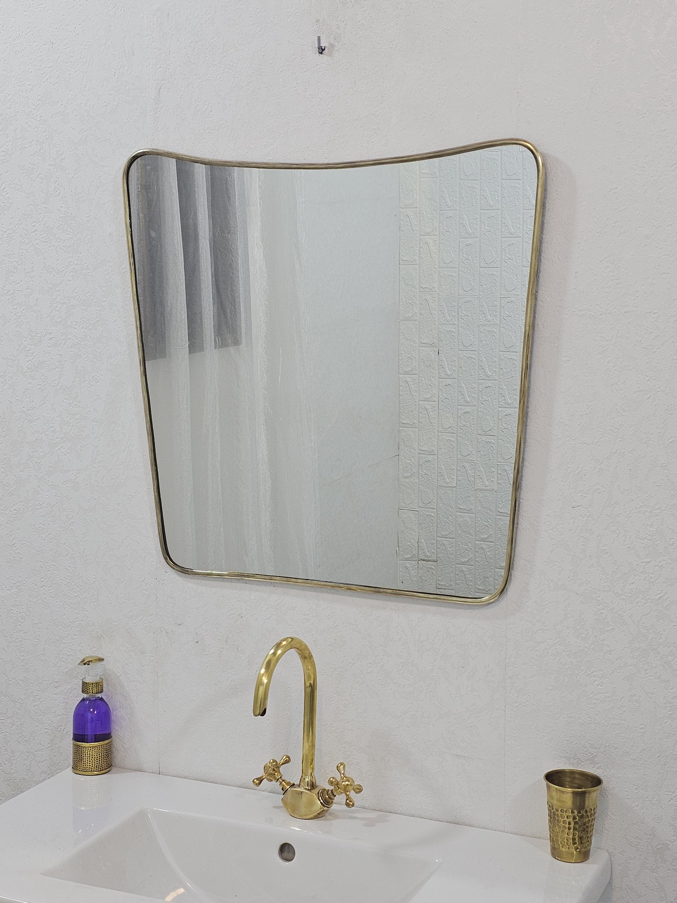 Curved Brass Mirror – Irregular Butterfly Wall Mirror, Antique Gold Bathroom Mirror