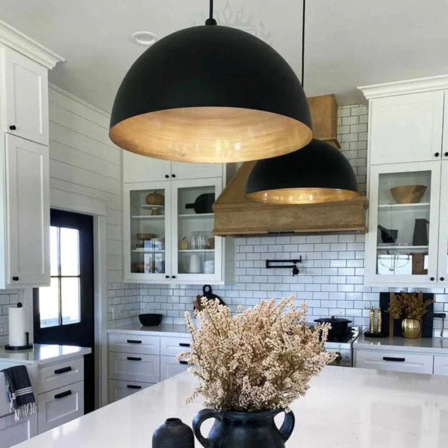Set of 2 Black Brass Dome Light - Boho Pendant Lamp with Gold Interior