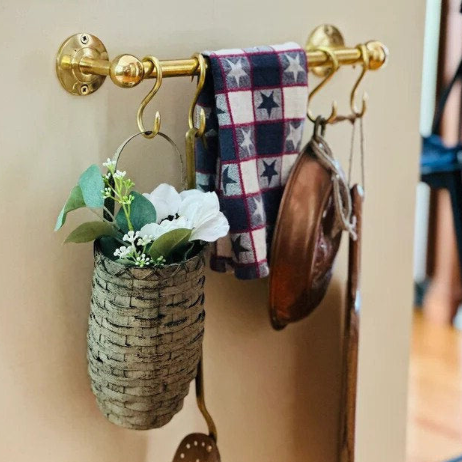 Hand crafted Natural Unlacquered Brass Wall Mounted Pot Rack With hooks included Brass Kitchen Rail with Hooks