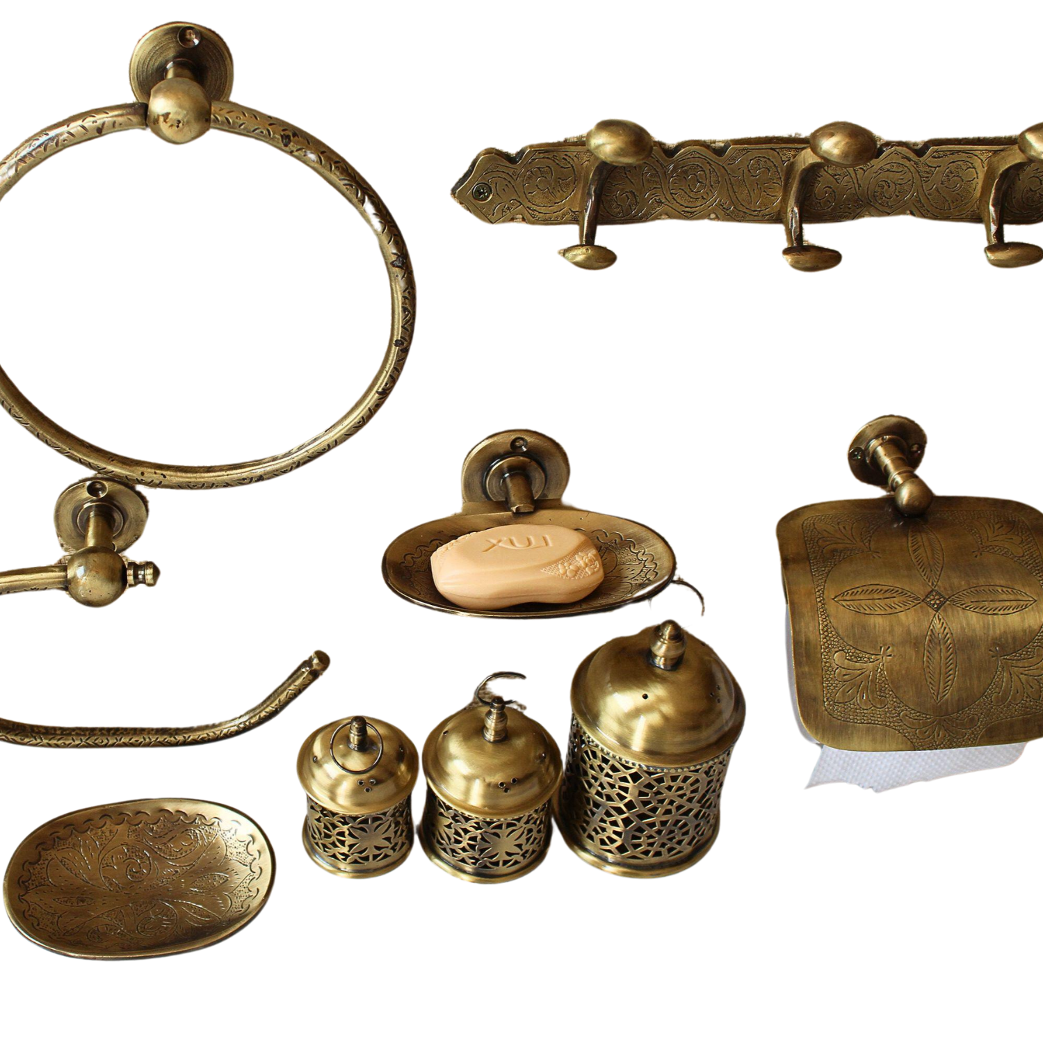 Luxury Bronze Bathroom Accessories Set – Solid Brass Soap Dish, Toilet Paper Holder, Towel Rack, Hooks & Candle Lamps