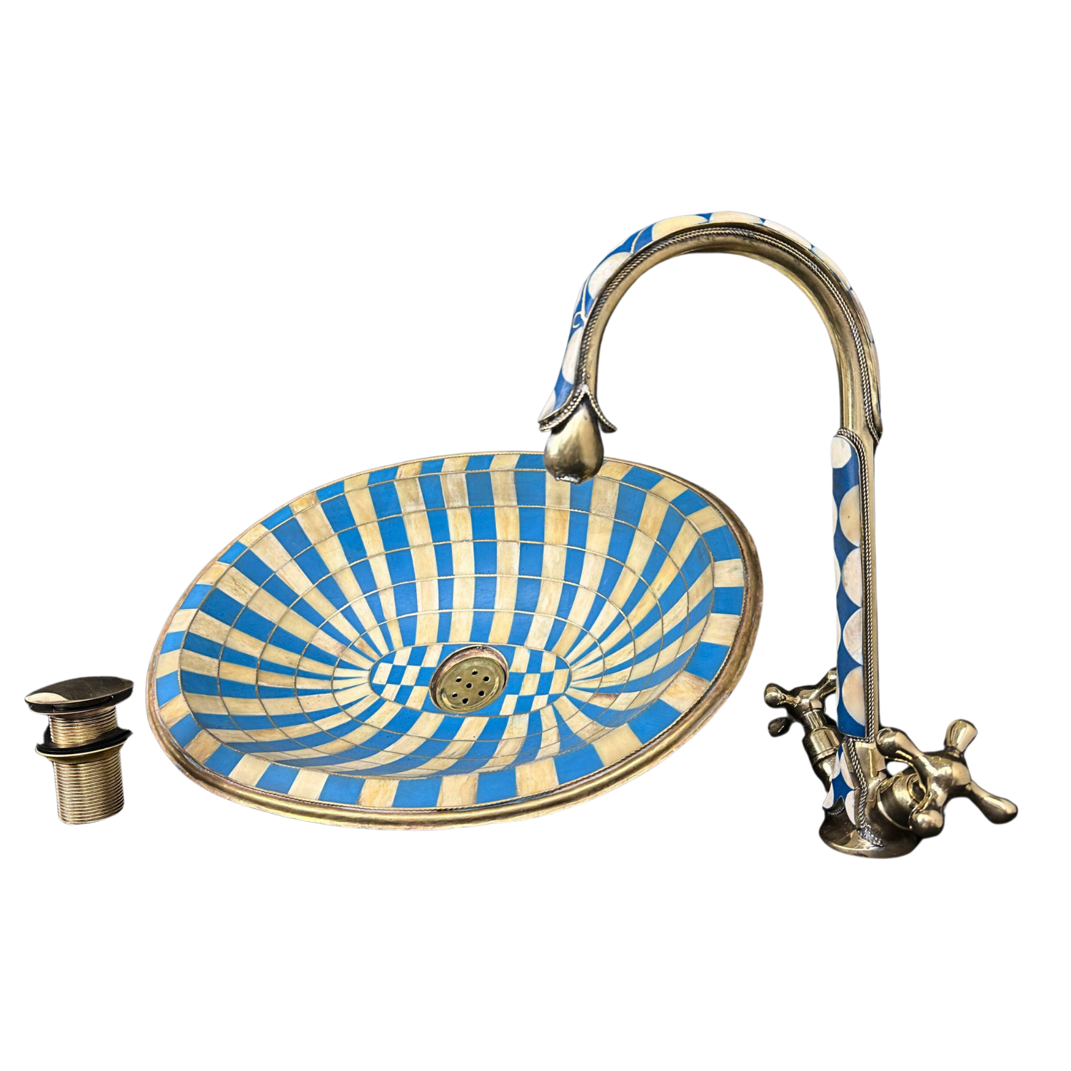 Unlacquered Brass Bathroom Faucet & Sink – Vintage Brass with Blue Resin Inlay