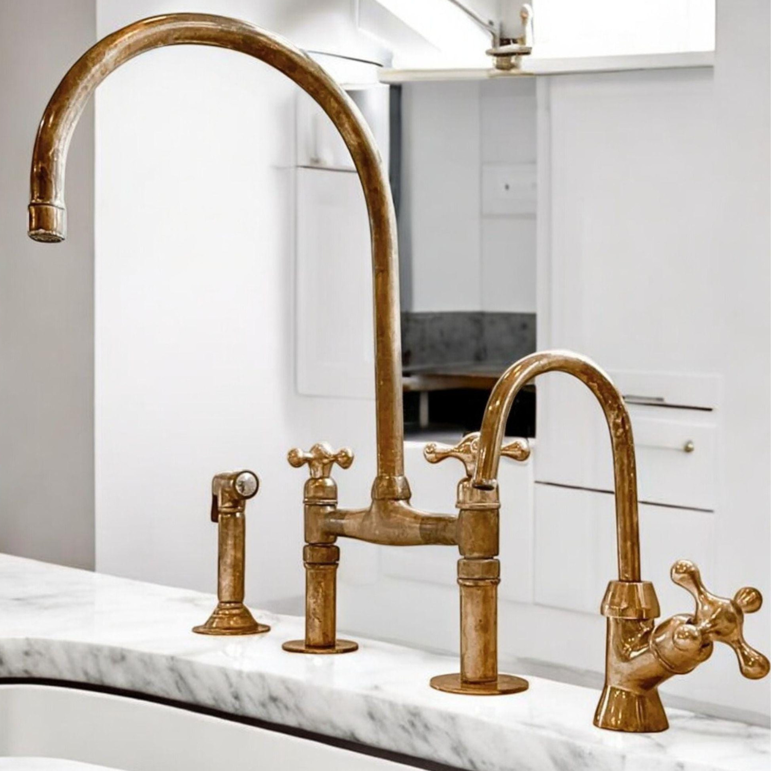 Unlacquered Brass Bridge Faucet Set – Sprayer & Cold Water Tap for Kitchen & Bathroom