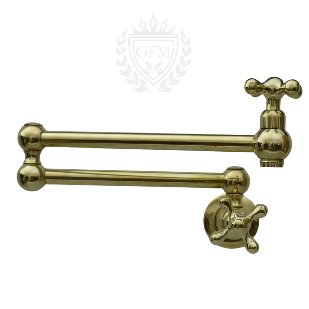 Solid Brass Pot Filler Faucet – Wall Mounted Unlacquered Brass Kitchen Faucet | 21-Inch Stove Pot Filler with Dual Lever Handles
