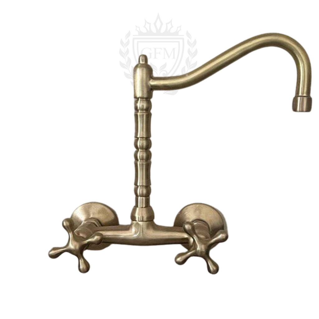 Unlacquered Brass Wall Mount Kitchen Faucet – Long Reach L Spout with Cross Handles | 6" Spread