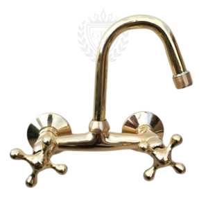 Unlacquered Brass Wall Mounted Kitchen Faucet – Antique Vintage Style Tap with Dual Handles, Solid Brass Construction