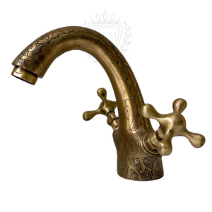 Bronze Bathroom Faucet – Handmade Single Hole Dual Handle Farmhouse Vessel Sink Tap, Hand Engraved Antique Finish