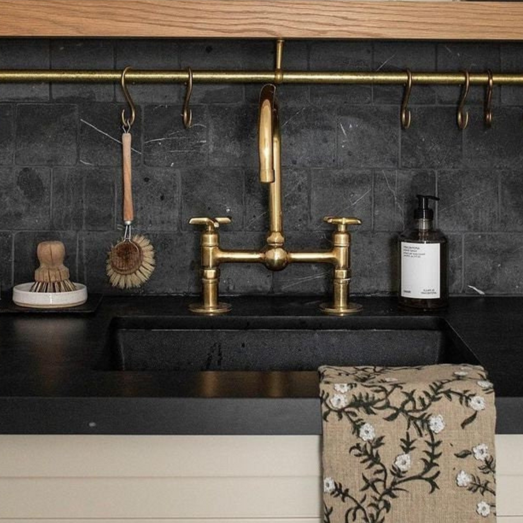 Unlacquered Brass Bridge Kitchen Faucet with Ball Center – Dual Handle Vintage Farmhouse Tap