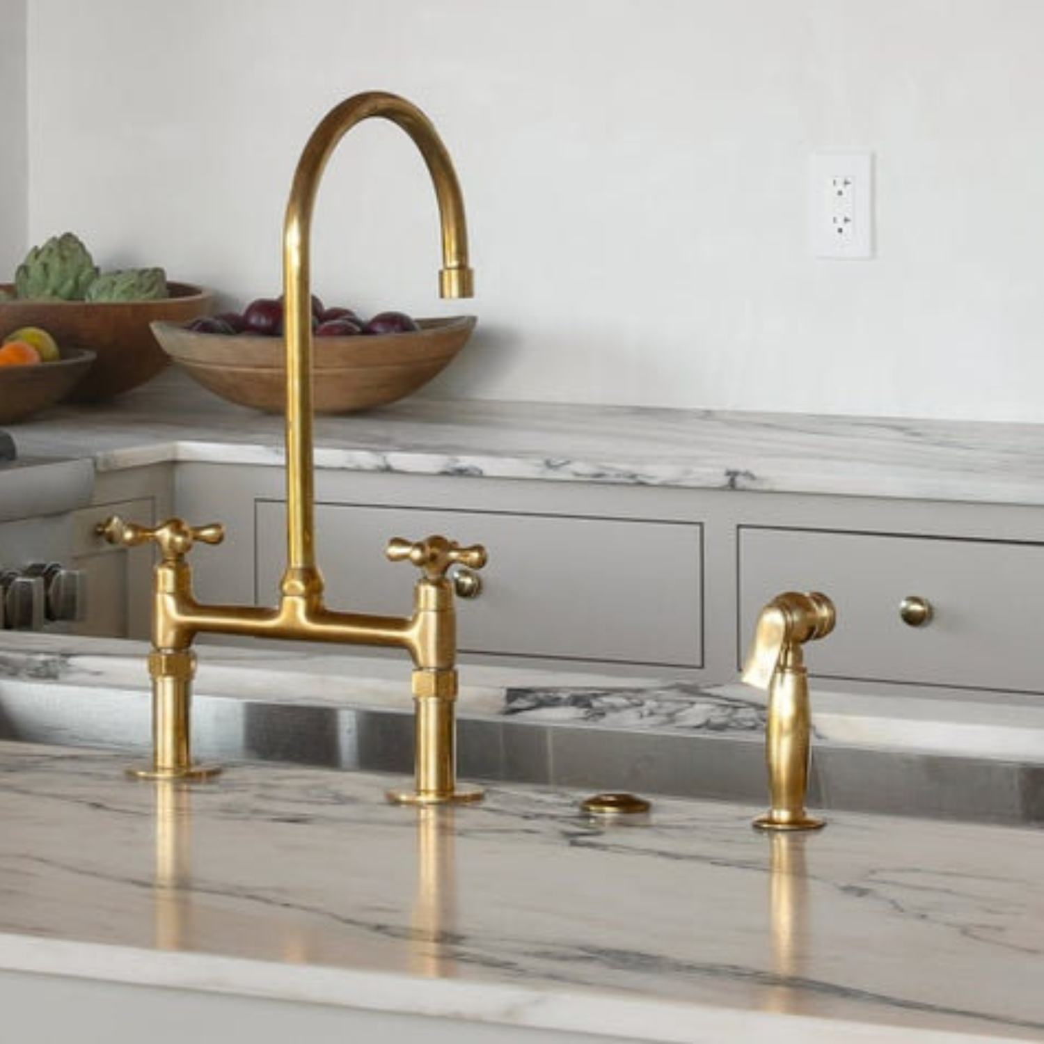 Unlacquered Brass Bridge Kitchen Faucet – Handcrafted Moroccan Solid Brass Faucet with Swiveling Neck, Timeless Patina Finish