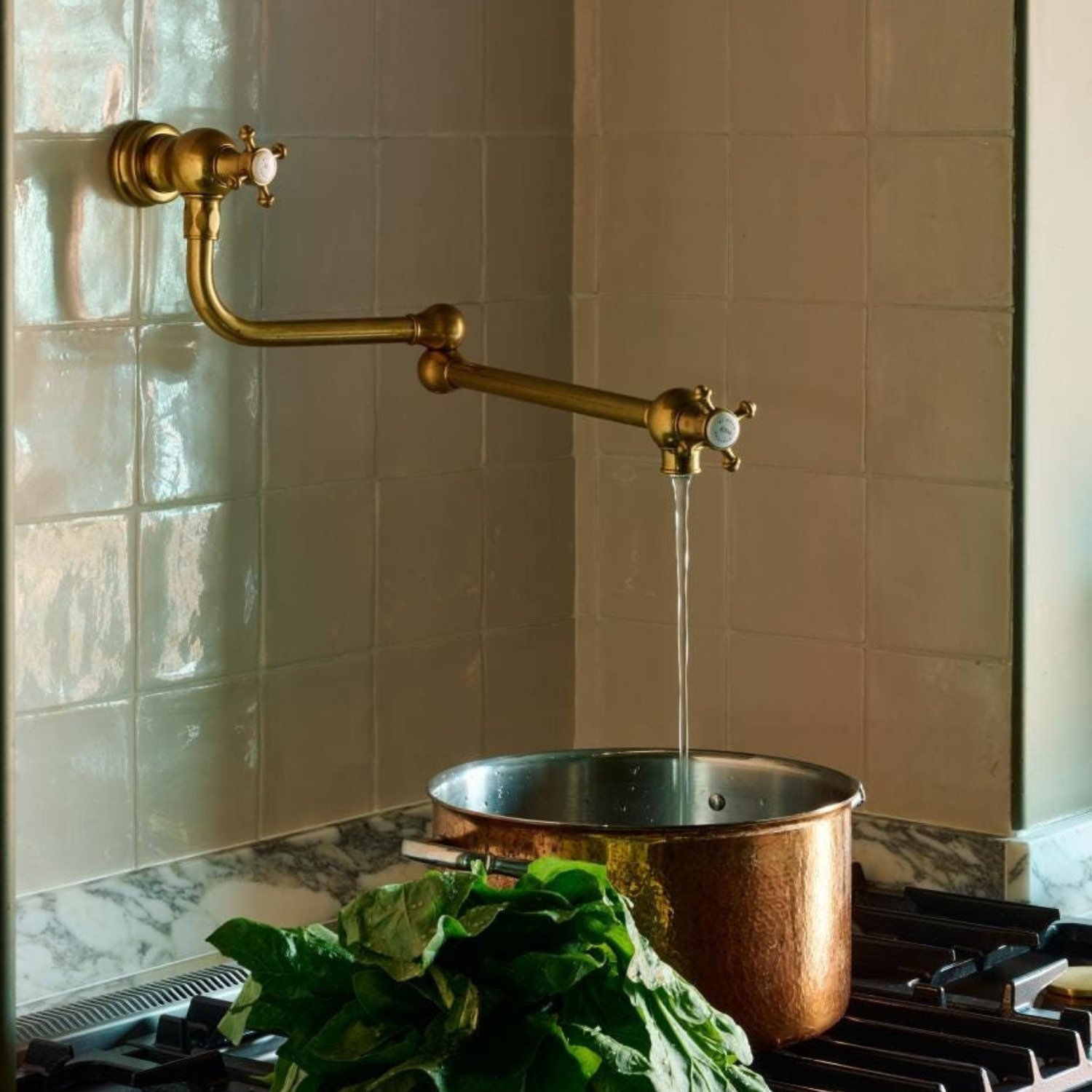 Unlacquered Brass Pot Filler Folding Tap with Dual Handles – Swing Arm Kitchen Faucet for Sink