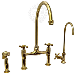 Unlacquered Brass Kitchen Faucet – Wall Mount Antique Brass Faucet with Hot & Cold Sprayer, 360° Swivel Spout