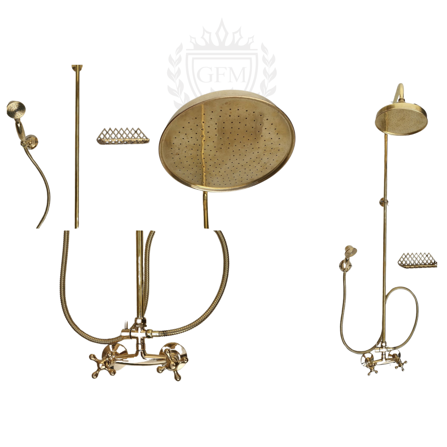 Unlacquered Brass Shower System with Handheld & Round Rain Head | Antique Moroccan Exposed Shower Fixture with Cross Handles