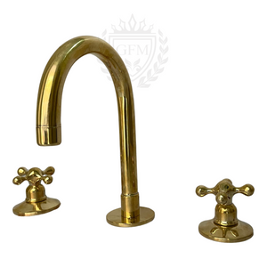 Brass Three Hole Bathroom Faucet – Vintage Widespread Basin Tap with Cross Handles | Handmade Unlacquered Solid Brass