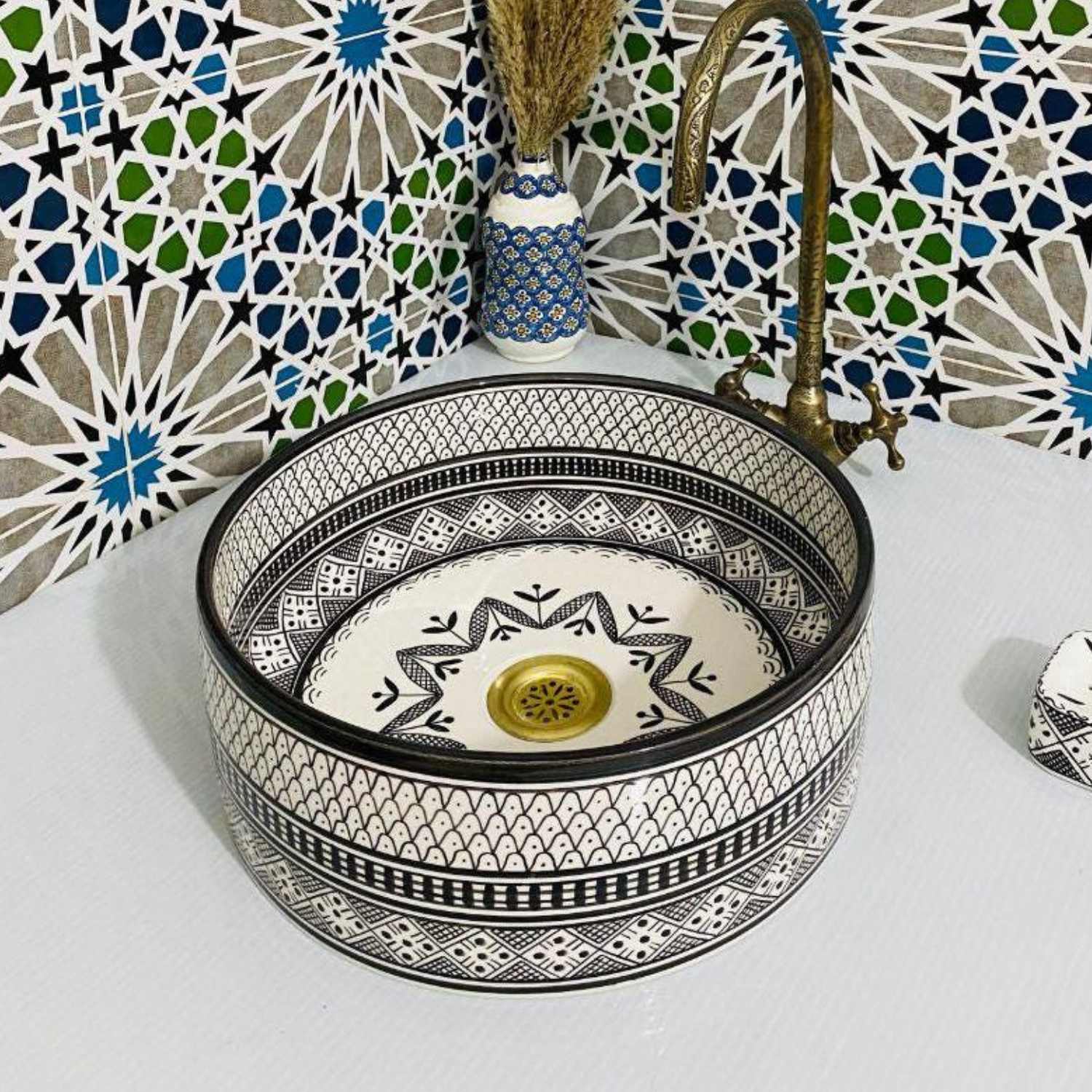 Moroccan Handmade Black Ceramic Sink Basin with Geometric Patterns – Artisan Vanity or Kitchen Vessel Sink – Hand-Painted Ceramic Wash Bowl