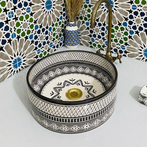 Moroccan Handmade Black Ceramic Sink Basin with Geometric Patterns – Artisan Vanity or Kitchen Vessel Sink – Hand-Painted Ceramic Wash Bowl