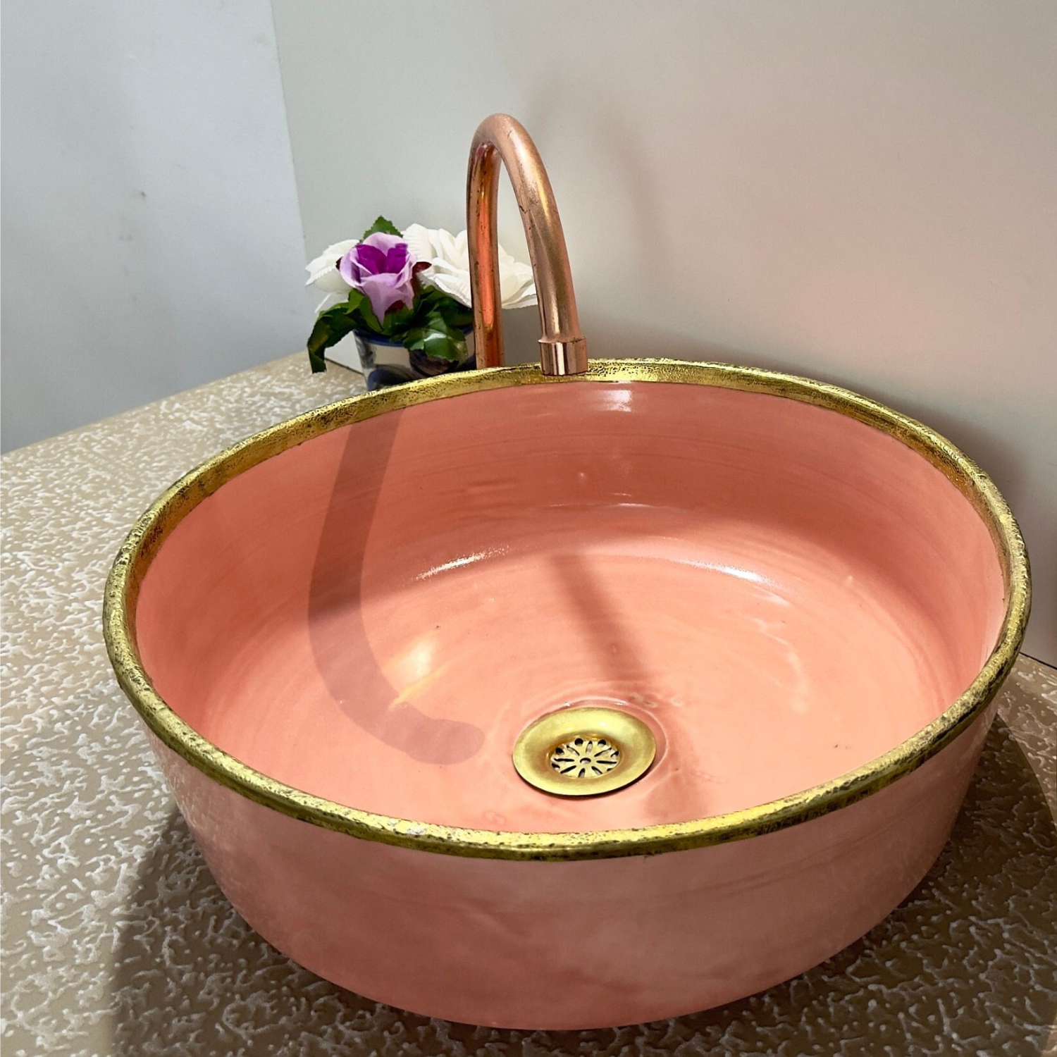 Handmade Blush Pink Ceramic Bathroom Sink with Brass Rim – Modern Vanity Vessel Basin