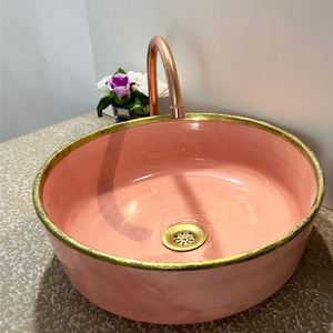 Handmade Blush Pink Ceramic Bathroom Sink with Brass Rim – Modern Vanity Vessel Basin