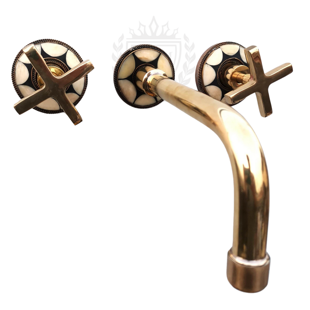 wall mounted brass faucet, unlacquered brass faucet, bathroom brass tap, handmade bathroom faucet, Moroccan faucet, vintage brass faucet, boho bathroom decor, artisanal bathroom fixtures, traditional wall mount faucet, resin plate faucet, brass wall tap, brass gooseneck faucet, flat cross handle faucet, rustic bathroom faucet, antique style faucet