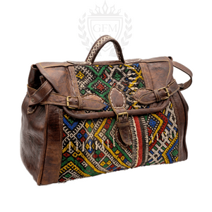 Vintage Weekender Bag - Handmade Kilim Boho Travel Bag with Leather Handle