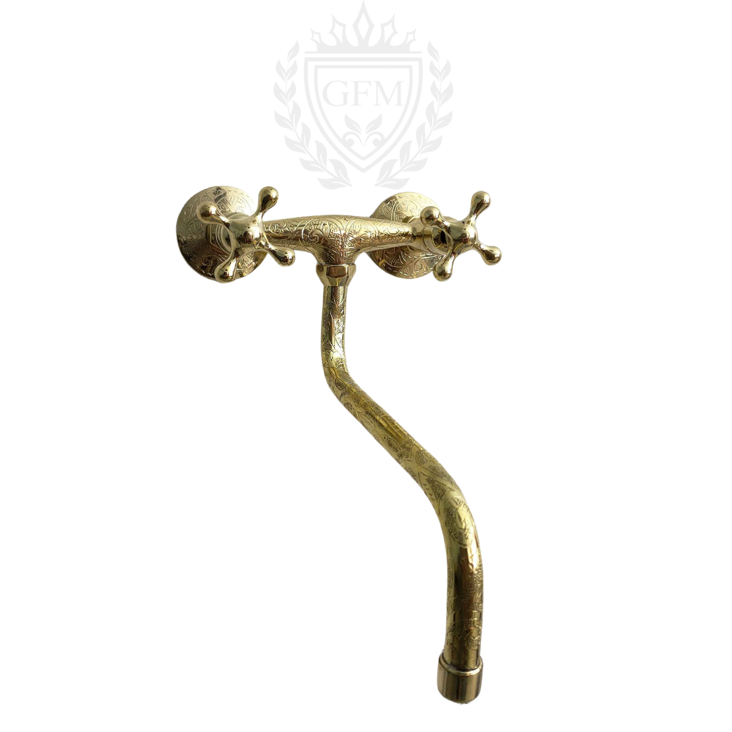 Handmade Wall Mounted Etched Kitchen Faucet | Solid Brass Faucet with Crooked Spout