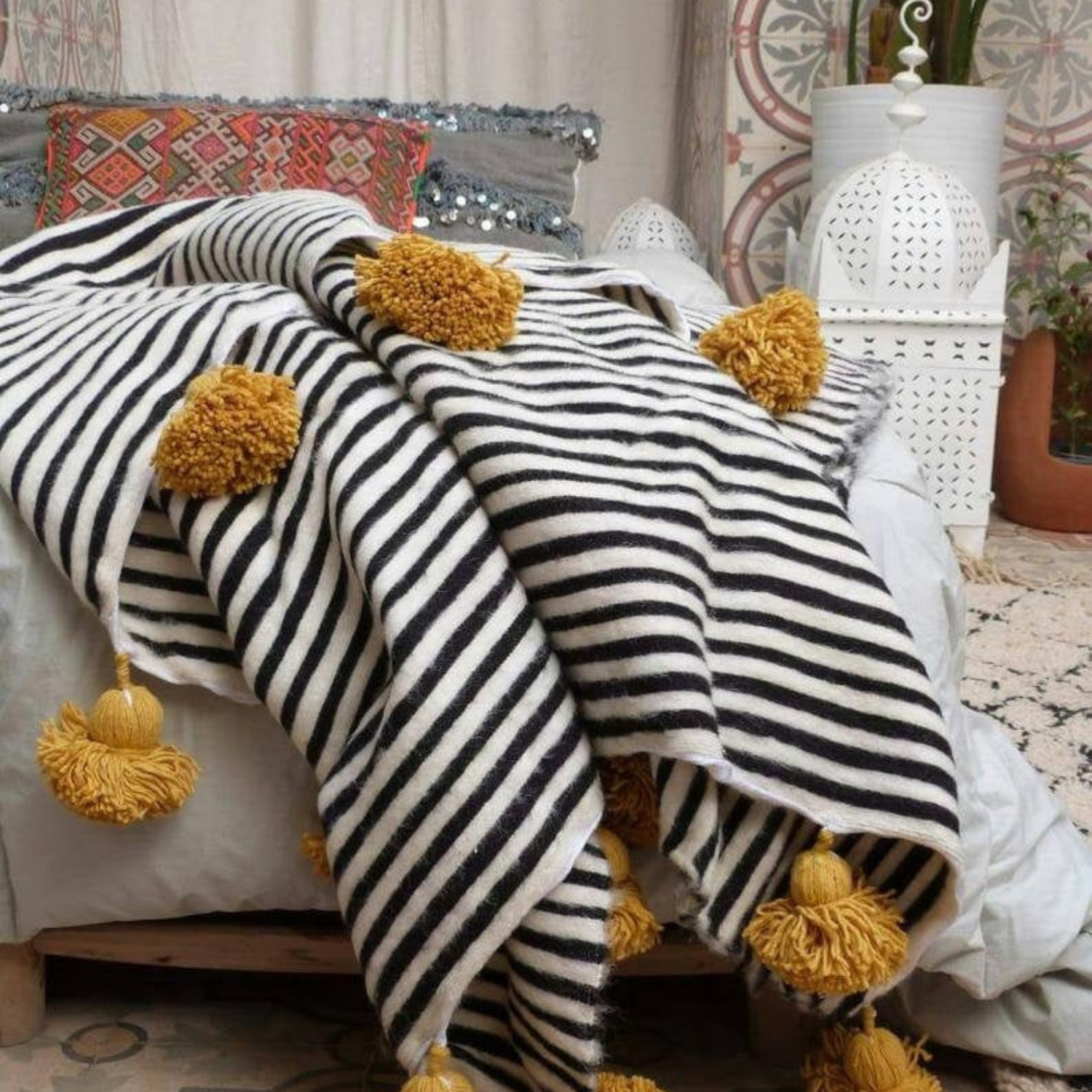 Handmade Wool Moroccan Blanket with Pompoms - Bedroom and Sofa Throw Blanket