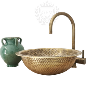 Handmade Hammered Round Sink with Brushed Brass Finish | Custom 16 Gauge Bathroom Basin