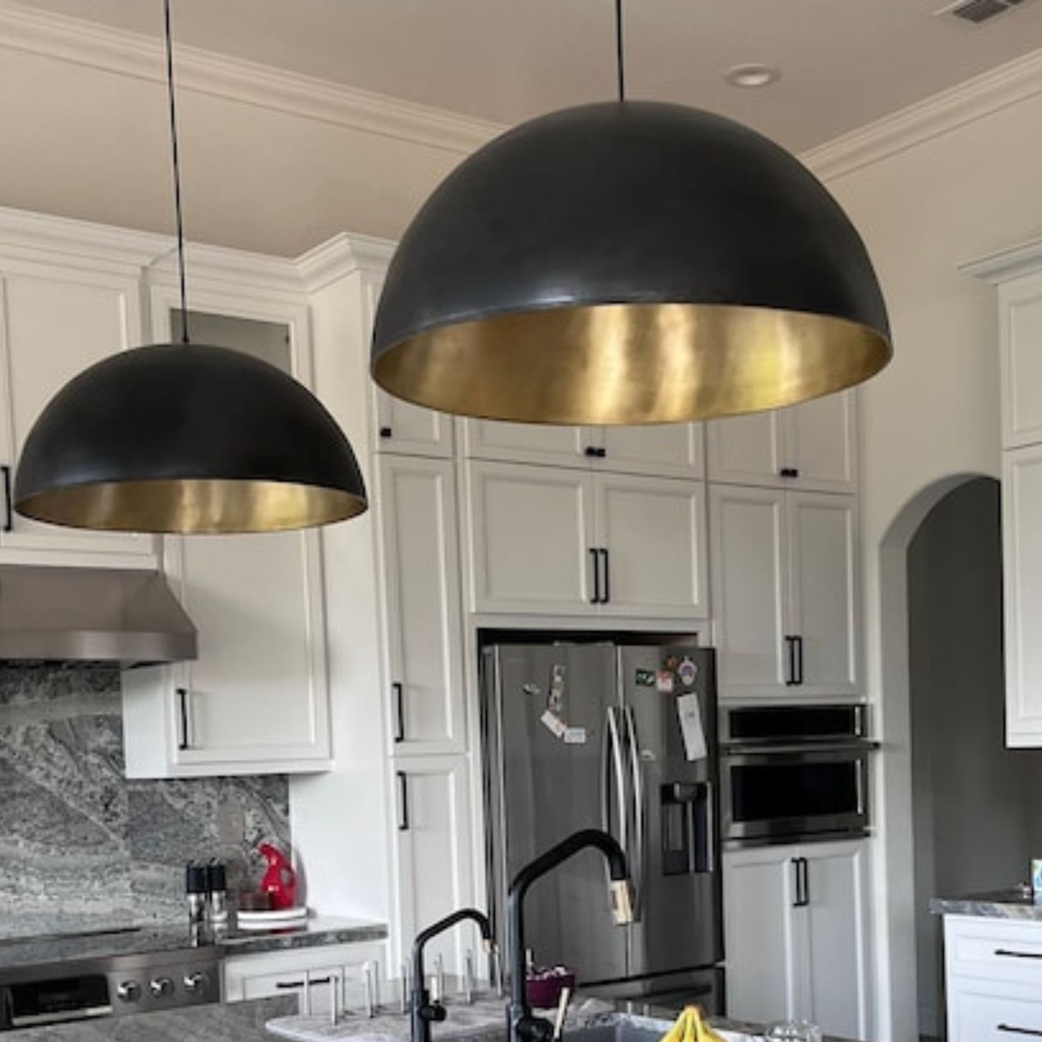 Set of 2 Black Brass Dome Ceiling Fixtures | Black Outside & Gold Inside