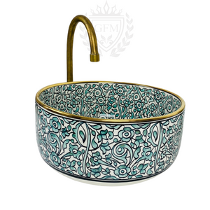 Vessel Sink Light Green 14K Gold Trimmed | Hand-Painted Ceramic Washbasin