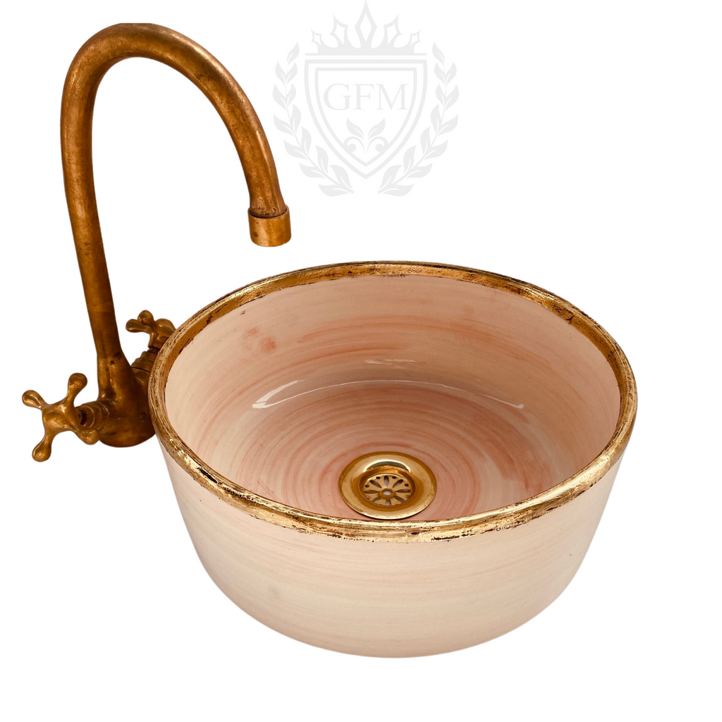 Pink Bathroom Vessel Sink with Brushed Solid Brass Rim | Mid-Century Modern Washbasin | Artisanal Farmhouse Basin