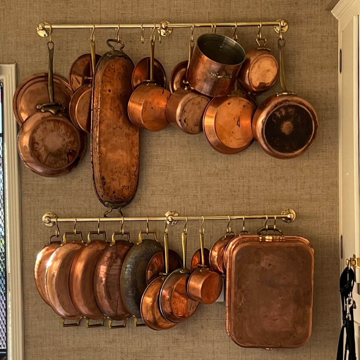 Handmade Unlacquered Brass Pot Rack Wall Mount with "S" Hooks - Rustic Brass Hanging Pan Rack