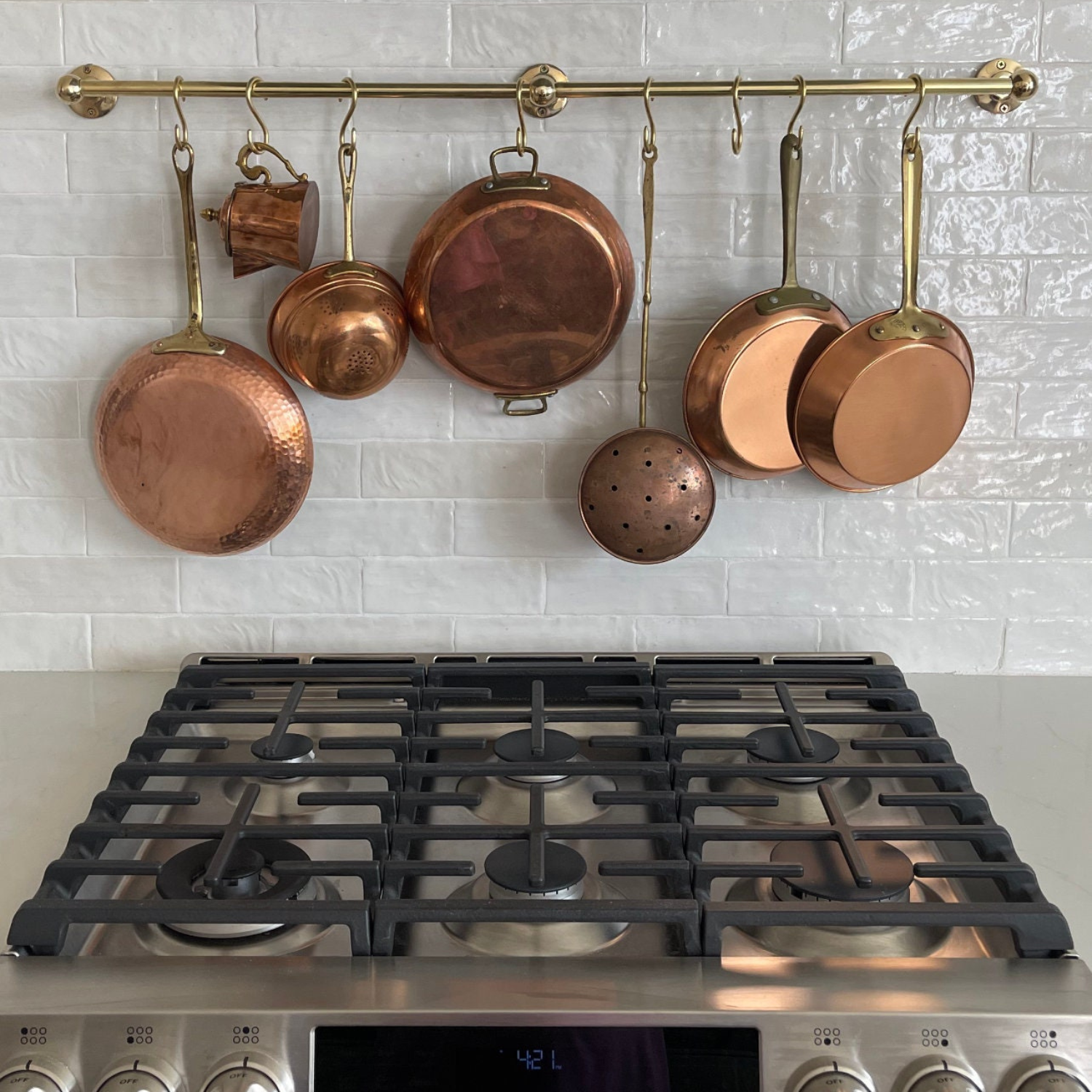 Handmade Unlacquered Brass Pot Rack Wall Mount with "S" Hooks - Rustic Brass Hanging Pan Rack