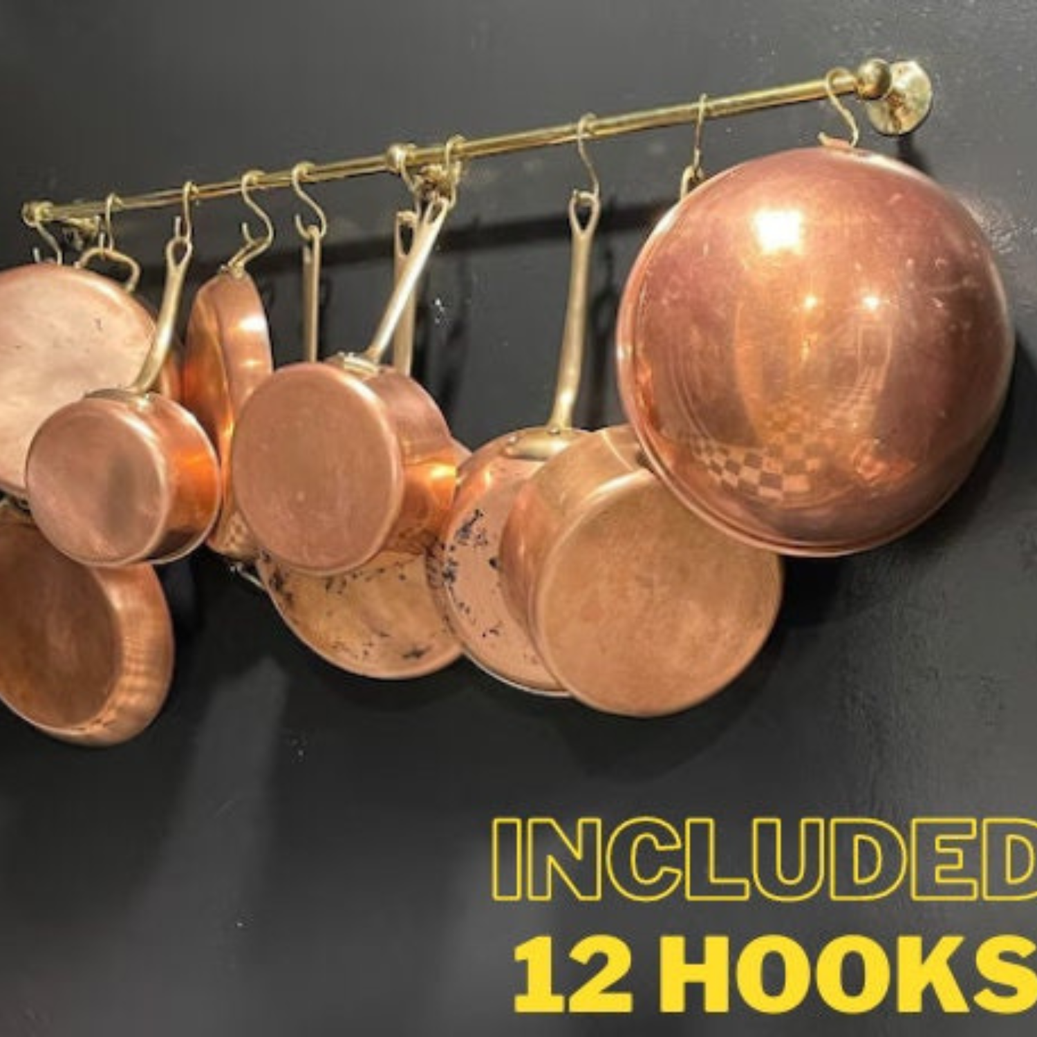Antique Style Unlacquered Brass Pot Rack | Rustic Wall Mounted Kitchen