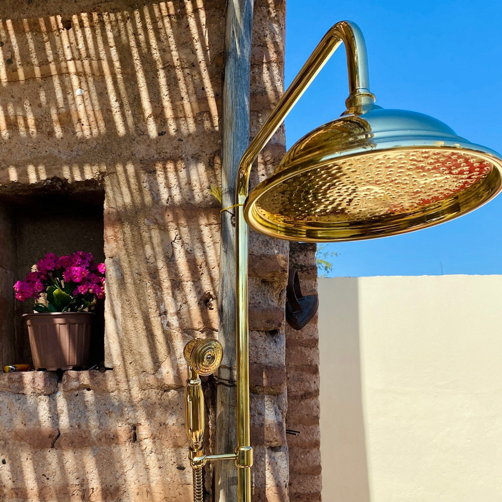 Brass Shower System: Unlacquered Vintage Brass Faucet with Round Shower Head & Exposed Pipe