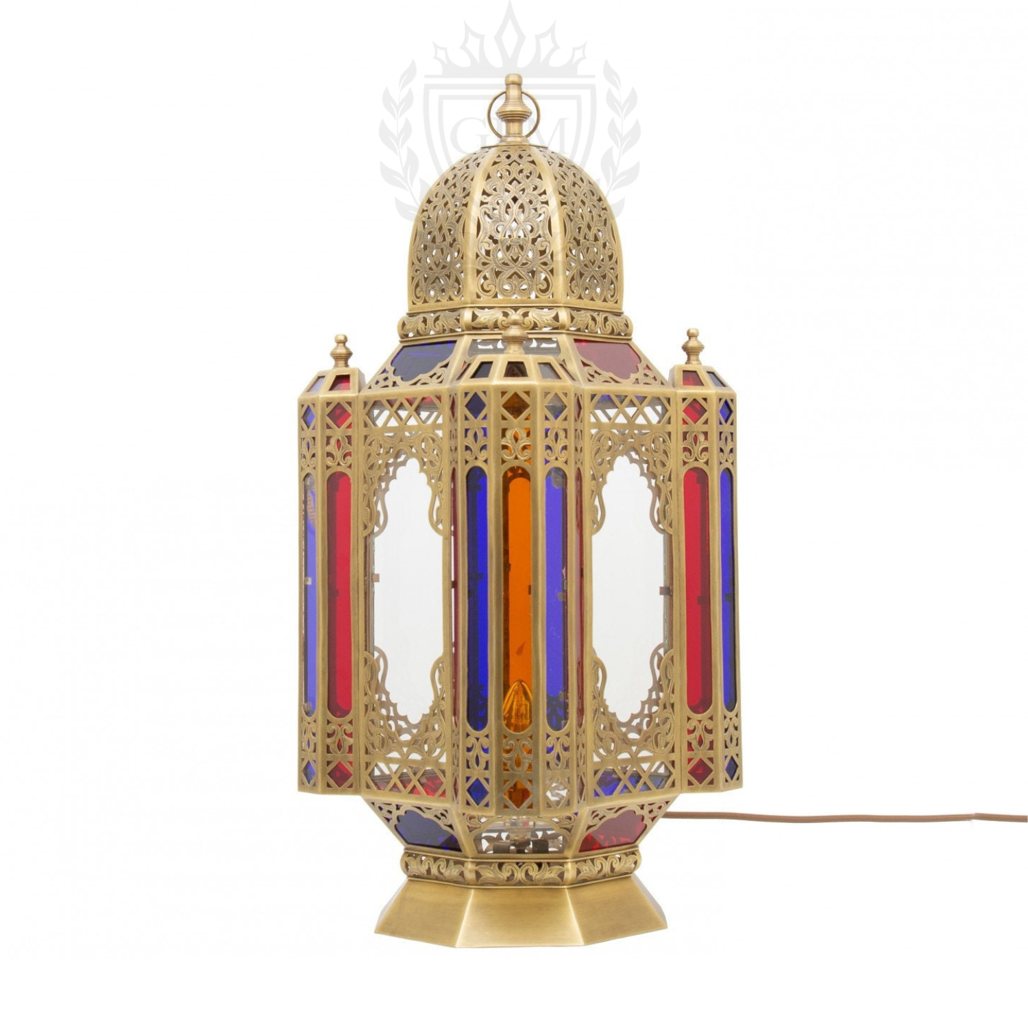 Handmade Brass Moroccan Table Lamp with Colored Glass - Intricate Metalwork - 30cm x 60cm